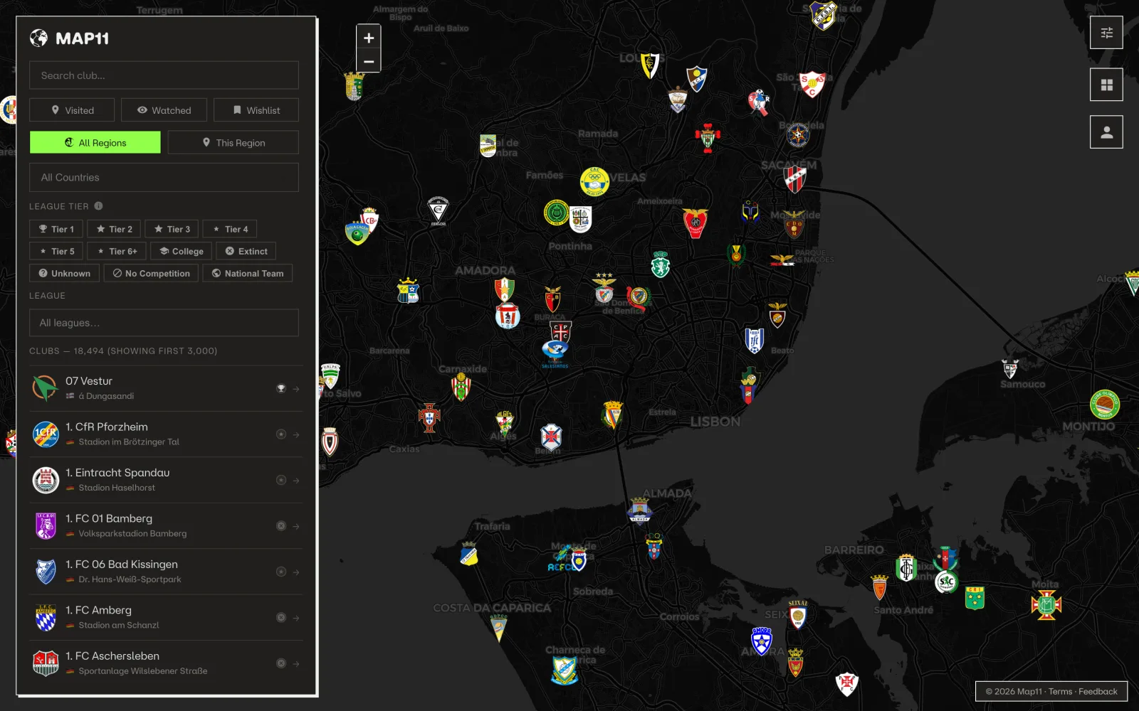 Map11 in the dark theme: football club crests across Lisbon