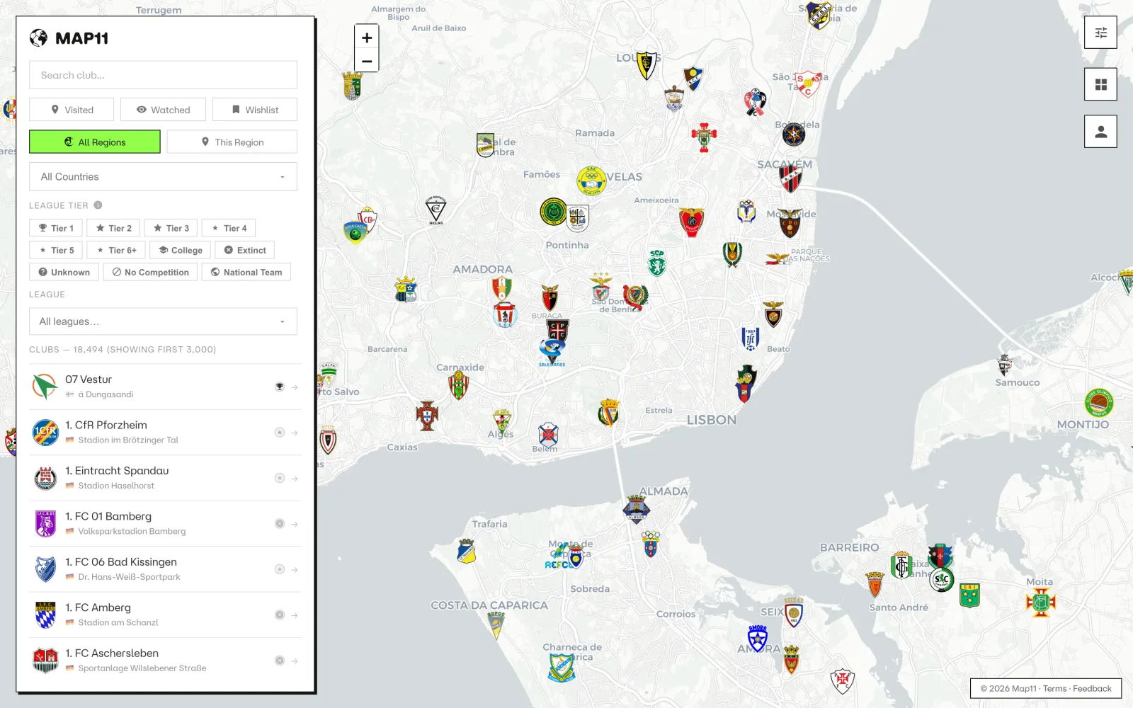 Map11: football club crests across Lisbon