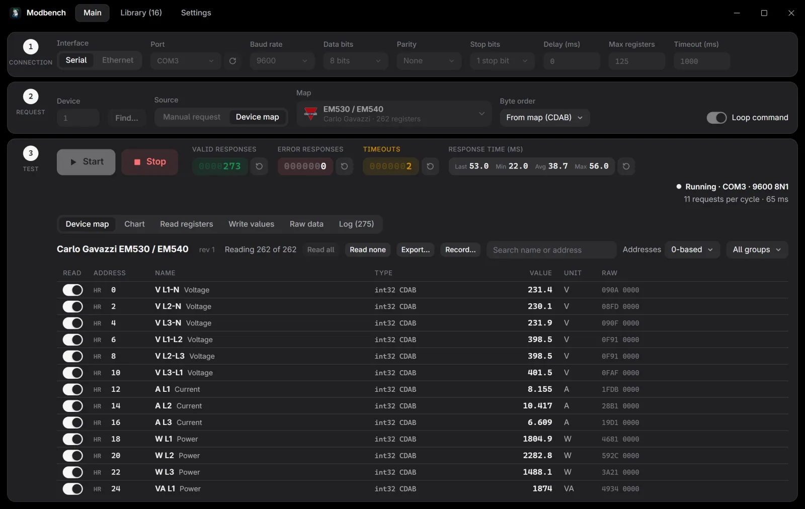 Modbench in the dark theme reading an energy meter through its device map