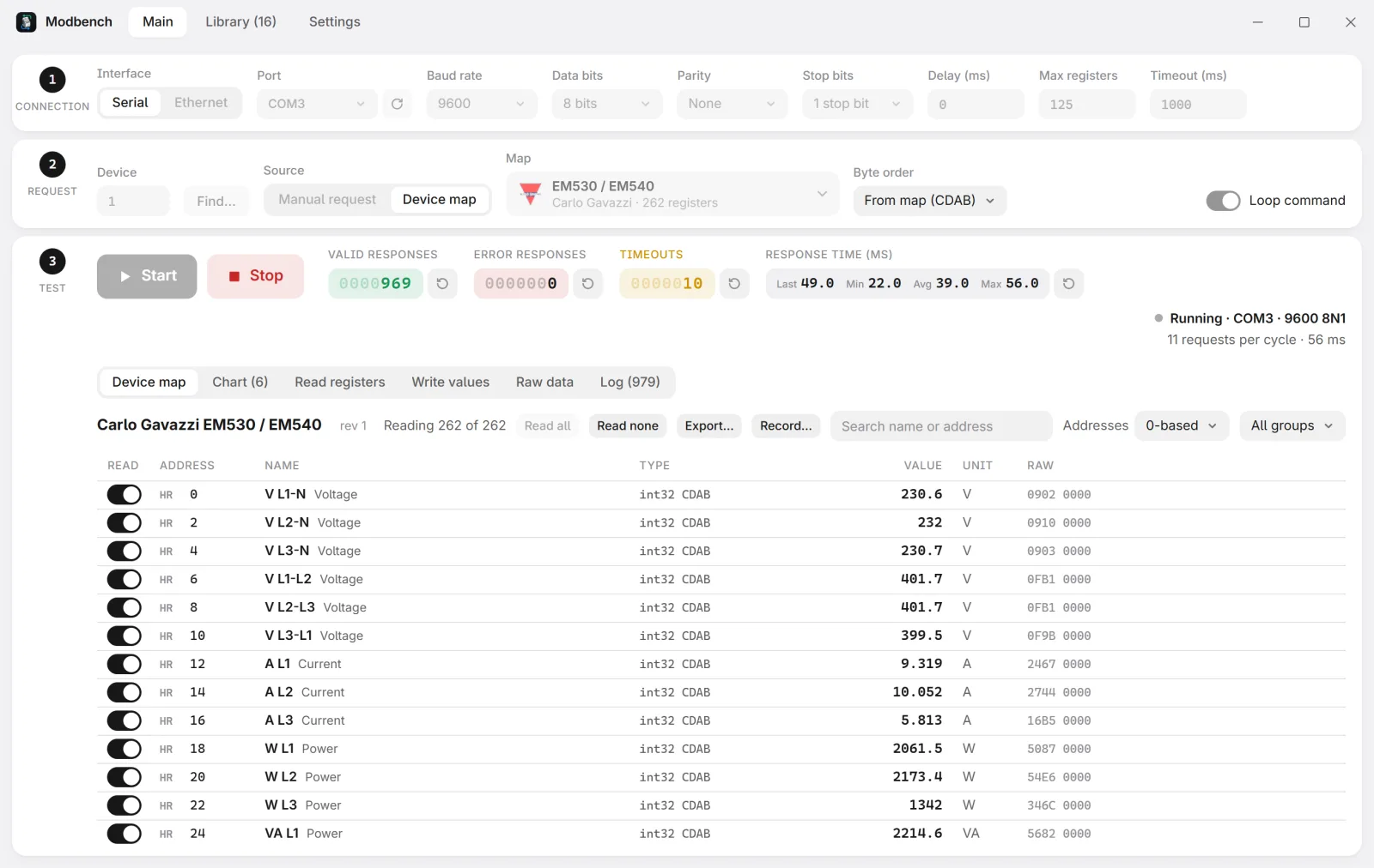 Modbench reading every register of an energy meter by name, scaled and with units